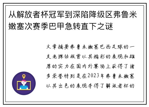 从解放者杯冠军到深陷降级区弗鲁米嫩塞次赛季巴甲急转直下之谜